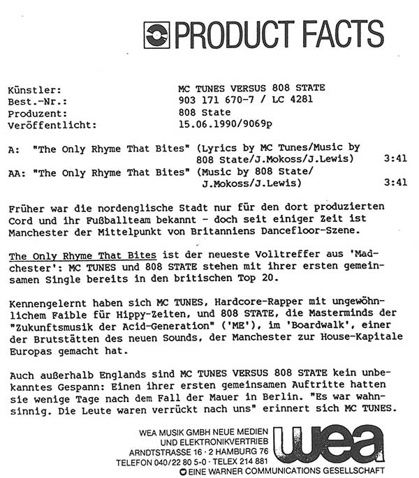 MC Tunes vs. 808 State - The Only Rhyme That Bites - German - Press Release