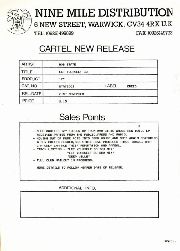 808 State - Let Yourself Go - UK 12 Single (Promo) - Press Release 