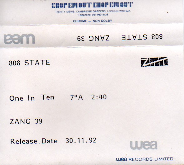 808 State - One In Ten - UK Promo Cassette Single - Front