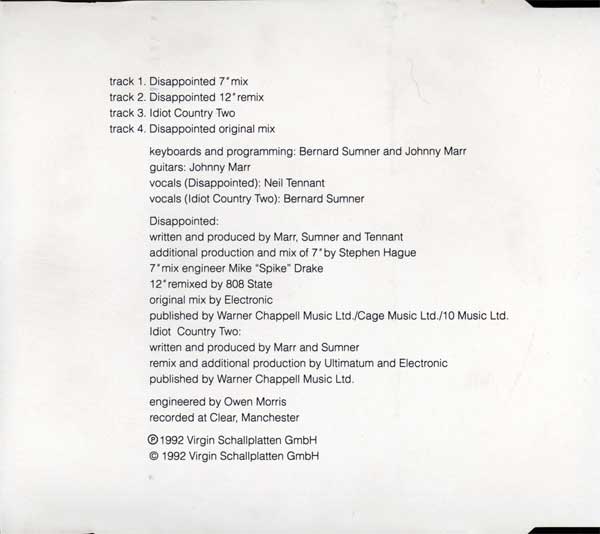 Electronic - Disappointed - German CD Single - Back Cover