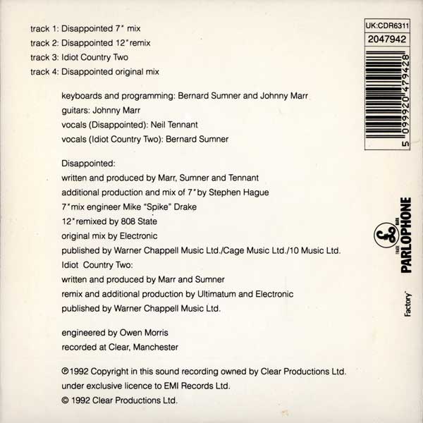 Electronic - Disappointed - UK CD Single - Back Cover