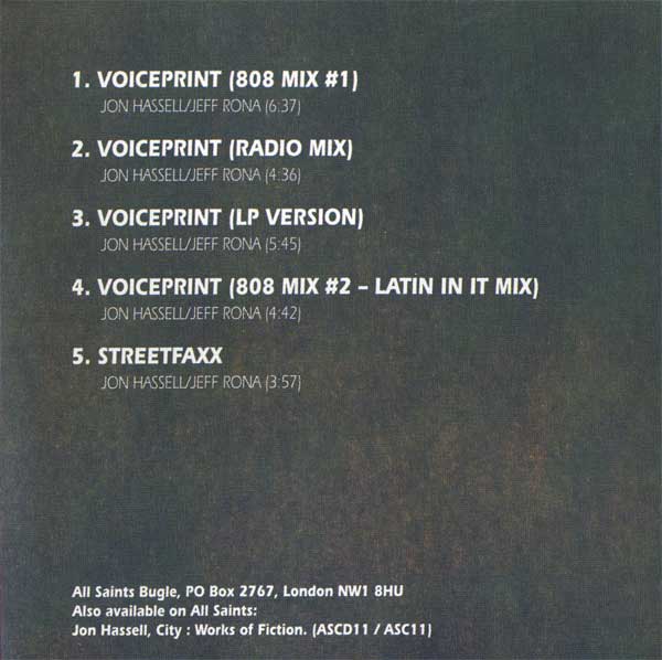 Jon Hassell vs. 808 State - Voiceprint - All Saints - UK CD Single - Credits