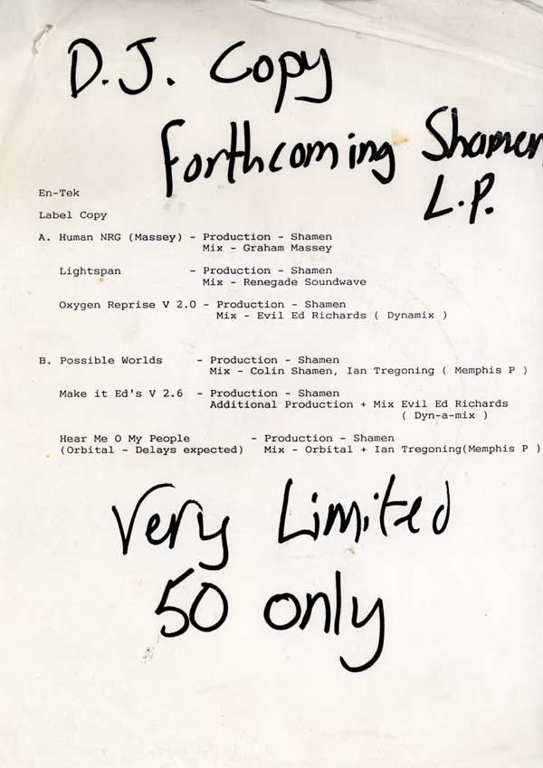 The Shamen - En-Tact - "The Dance Version" - UK Promo LP - Press Release